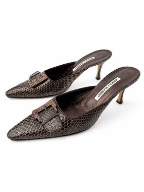 MANOLO BLAHNIK | Vintage Brown Python Snakeskin Crystal Buckle Mule Heels 39.5